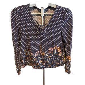 LoveFire Boho Size Large Navy Pink Floral Print Front Tassels Cottagecore